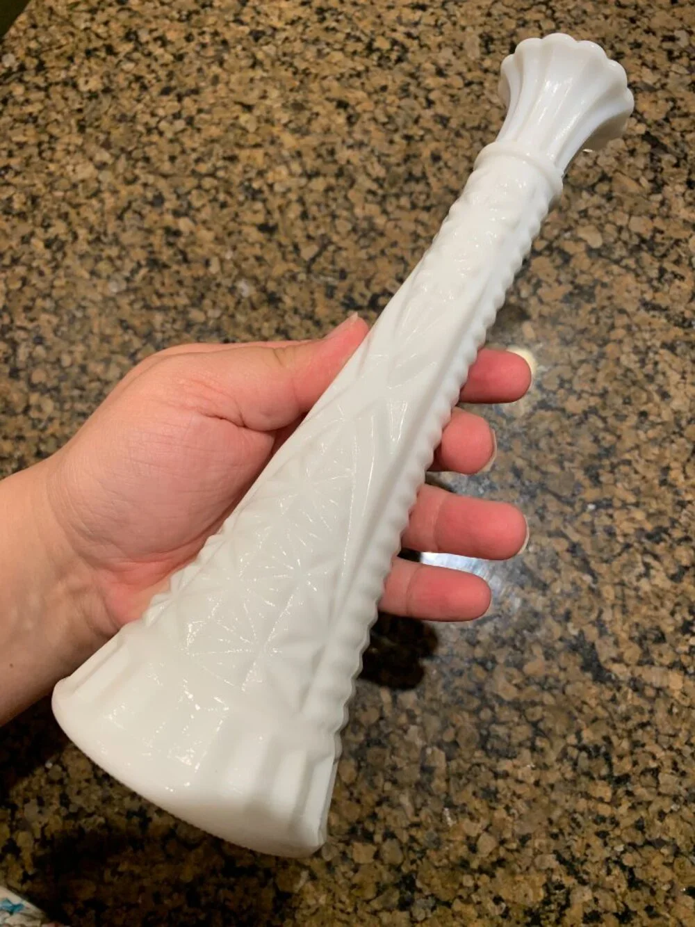Milk Glass Bud Flower Vase 9” Floral Diamond Pattern Scalloped Rim Vintage.